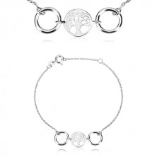 Armband aus 925 Silber - geschnitzter Kreis mit einem Lebensbaum, zwei glänzende Ringe