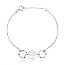 Armband aus 925 Silber - geschnitzter Kreis mit einem Lebensbaum, zwei glänzende Ringe