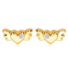 9K Gold Ohrstecker – volles symmetrisches Herz mit Flügeln und einem klaren Zirkon