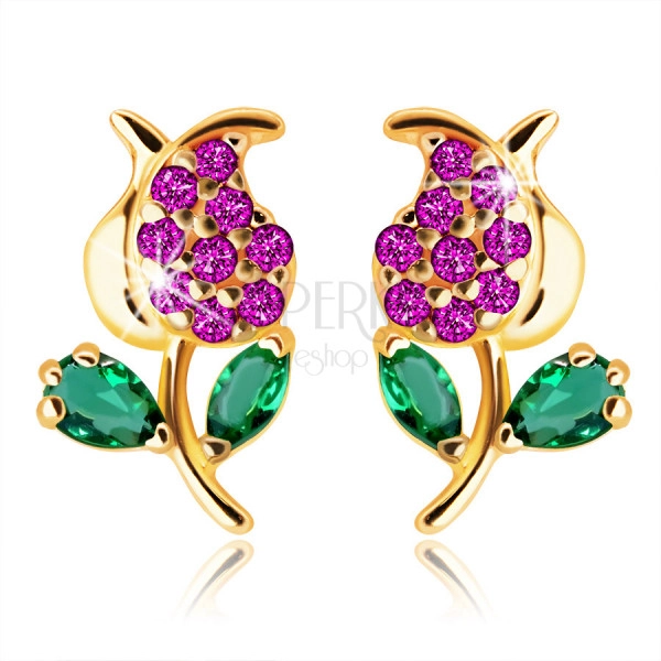 375 Gold Ohrringe – Tulpe mit einem Stiel und Blättern, grüne und rosa Zirkone