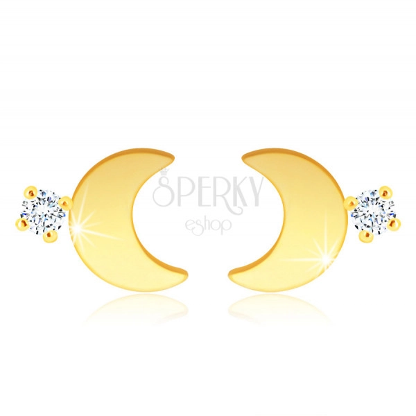 14K Gold Ohrringe – glänzender Halbmond, ein klarer Zirkon