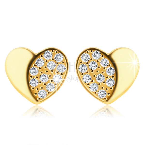 14K Gold Ohrringe – ein symmetrisches Herz mit einer glänzenden und einer Zirkon Hälfte