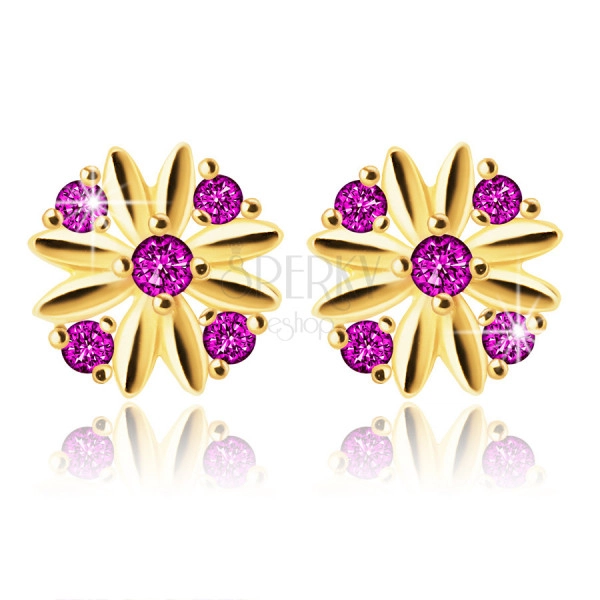585 Gold Ohrringe – eine Blume mit länglichen Blütenblättern, rosa-rote Zirkone