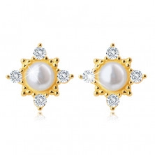 375 Gold Ohrringe – Blume mit klaren Zirkonen, eine weiße Perle in der Mitte