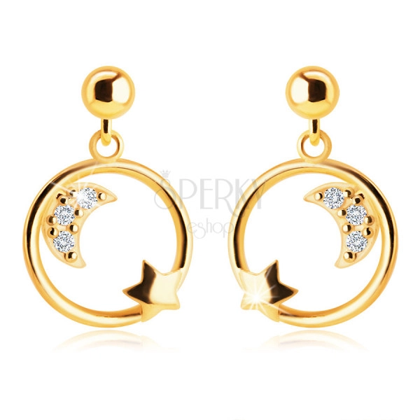 Ohrringe aus 14K Gelbgold – ein Halbmond mit Zirkonen und ein Stern in einem Kreis