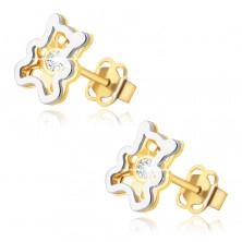 Kinder Ohrringe aus kombiniertem 585 Gold – Teddybär mit einem klaren Zirkon in der Mitte