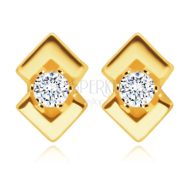 585 Gelbgold Ohrringe – runder klarer Zirkon, zwei glänzende Dreiecke