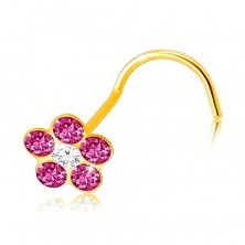 9K Gelbgold Piercing mit gebogenem Ende – rosa Blume, klarer Zirkon