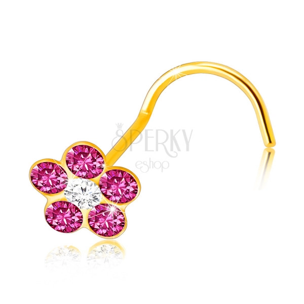 9K Gelbgold Piercing mit gebogenem Ende – rosa Blume, klarer Zirkon