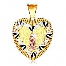 Anhänger aus kombiniertem 585 Gold – herzförmige Platte, Herzkontur mit der Jungfrau Maria
