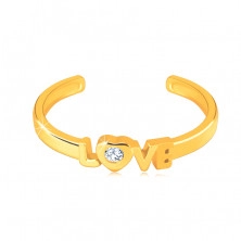 Ring aus 585 Gelbgold mit offener Ringschiene – Aufschrift “LOVE”, runder klarer Zirkon in einem Herzen
