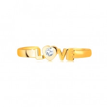 Ring aus 585 Gelbgold mit offener Ringschiene – Aufschrift “LOVE”, runder klarer Zirkon in einem Herzen