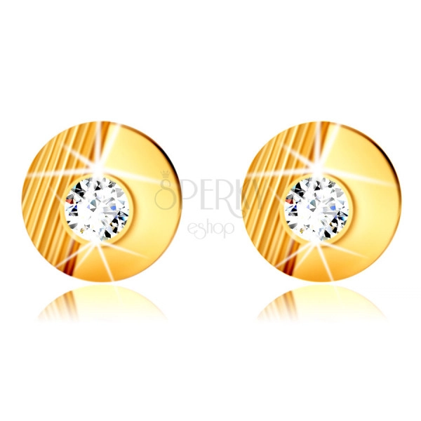 14K Gold Ohrringe – Kreis mit Einschnitten, glatter Halbkreis, eingebetteter runder Zirkon, Ohrstecker