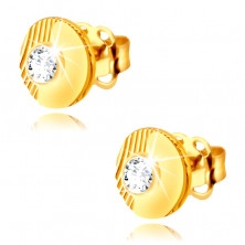 14K Gold Ohrringe – Kreis mit Einschnitten, glatter Halbkreis, eingebetteter runder Zirkon, Ohrstecker