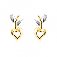 Ohrringe aus kombiniertem 14K Gold – Herz mit einem Ausschnitt, Stiel mit Blättern, Ohrstecker