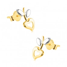Ohrringe aus kombiniertem 14K Gold – Herz mit einem Ausschnitt, Stiel mit Blättern, Ohrstecker