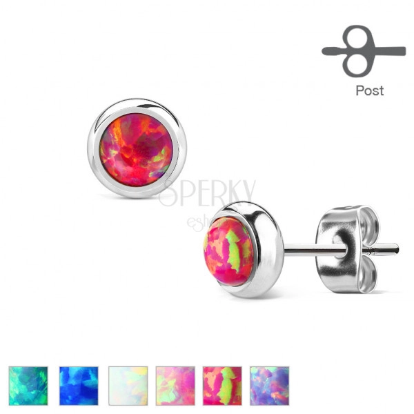 Ohrringe aus Chirurgenstahl - synthetischer Opal in einer Fassung, verschiedene Farben, 6 mm