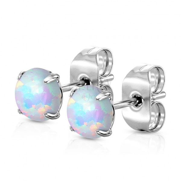 Stahl Ohrringe - blauer runder synthetischer Opal, Ohrsteckerverschluss
