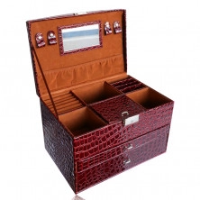 Schmuckkoffer in burgunderroter Farbe, Krokodilmuster, Metalldetails in silberner Farbe, Schlüssel