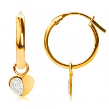 14K Gold Ohrringe, Reifen mit einem Herz-Anhänger, französischer Verschluss, 12 mm