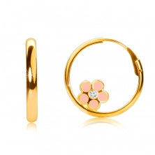14K Gold Creolen, rosa Blume, glänzende Oberfläche, 12 mm