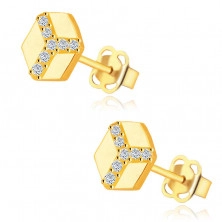 375 Gold Ohrringe – Sechseck mit einer glatten Oberfläche, runde klare Zirkone, Ohrstecker