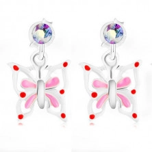 925 Silber Ohrringe, Schmetterling mit weiß-rosa Flügeln, irisierender Kristall
