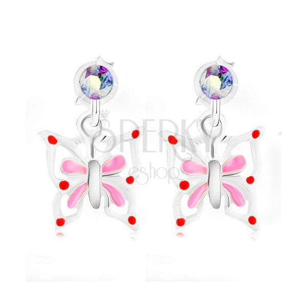 925 Silber Ohrringe, Schmetterling mit weiß-rosa Flügeln, irisierender Kristall
