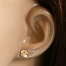 9K Gold Ohrringe – Kreis mit Einschnitten, glatter Halbkreis, eingebetteter runder Zirkon, Ohrstecker