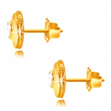9K Gold Ohrringe – Kreis mit Einschnitten, glatter Halbkreis, eingebetteter runder Zirkon, Ohrstecker