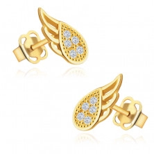375 Gold Ohrringe – geflügelte Träne, kleine runde Zirkone, Ohrstecker