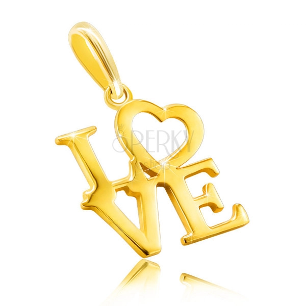 Anhänger aus 9K Gelbgold – Aufschrift “LOVE” in Großbuchstaben, Herz anstelle des Buchstaben O