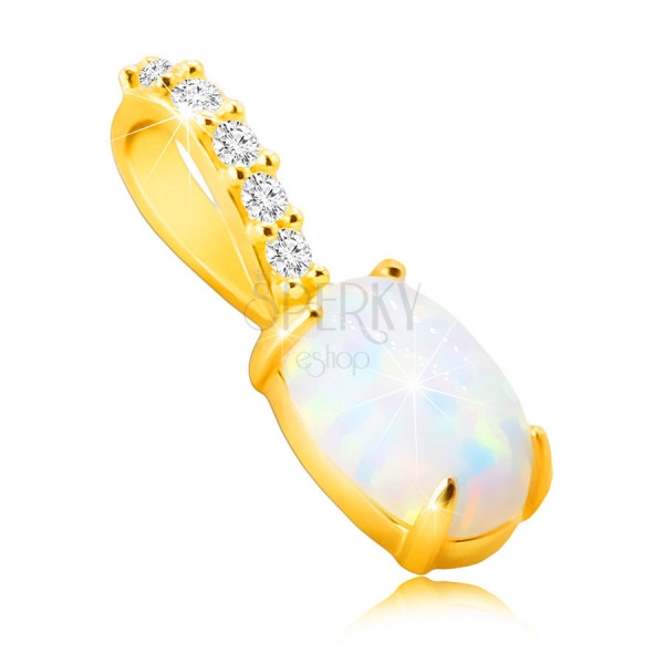 Anhänger aus 9K Gold – ovaler synthetischer Opal mit Regenbogen-Widerschein, kleine glitzernde Zirkone