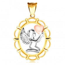 Anhänger aus kombiniertem 9K Gold – betender Engel mit einem Herzen in der Hand, in einem ovalen Rahmen