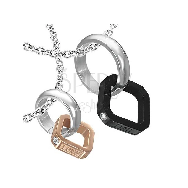 Edelstahl Doppelanhänger - Ring mit schwarzem und kupfernem Quadrat