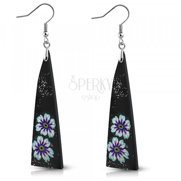 FIMO Ohrringe - schwarze Dreiecke mit Blumen und Glittern geschmückt, Haken