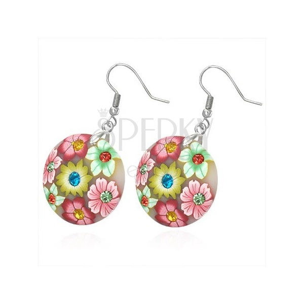 Ohrringe aus Fimo Masse - rund, rosa und grüne Blumen