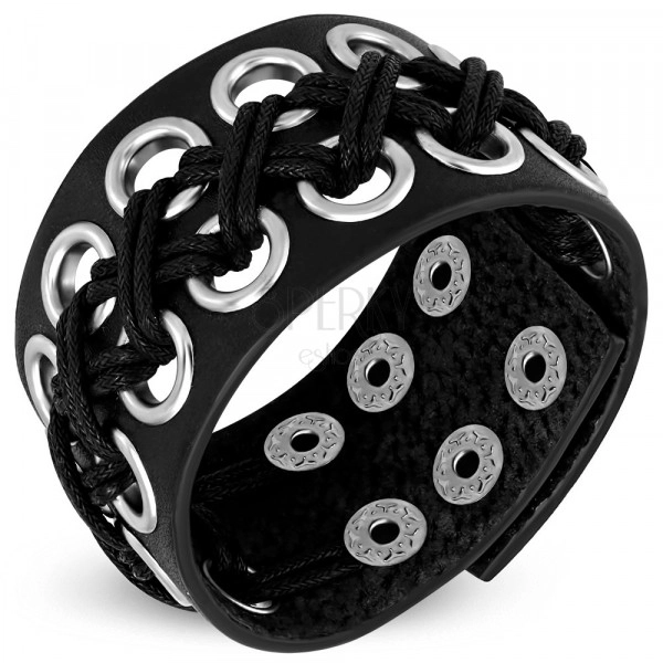 Leder Armband in schwarzer Farbe - durchflochtene Kreise, Druckknopf