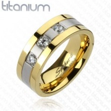 Ring aus Titan in Farbkombination Silber-Gold, drei Zirkonia