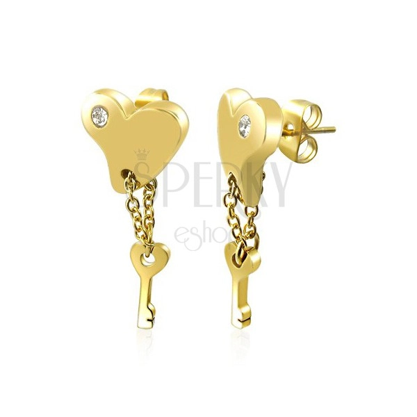 Ohrringe aus Chirurgenstahl - vergoldetes Herz mit Schlüssel