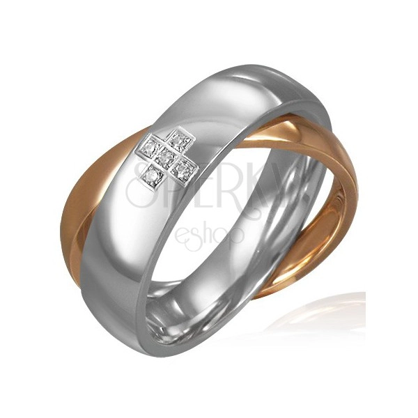 Ring mit Doppelringeffekt, Zirkoniakreuz, goldene und silberne Farbe