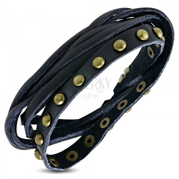 Multi Armband aus Leder - schmale Riemchen, goldene Nieten, schwarz