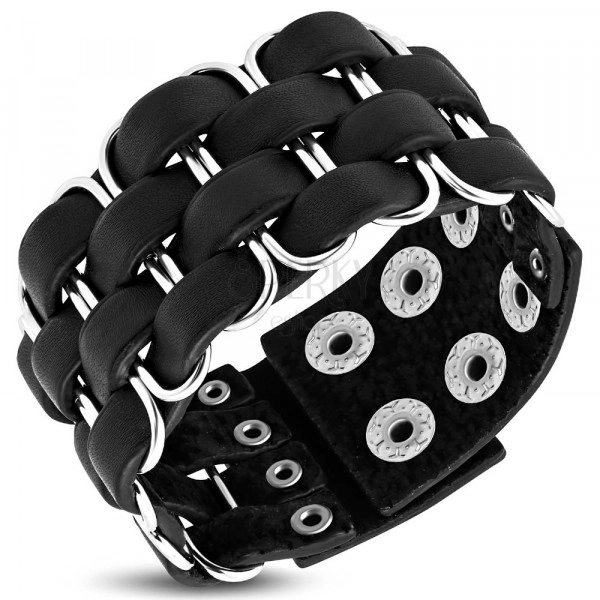 Schwarzes Armband aus Leder - schmale Streifen, Metallelemente
