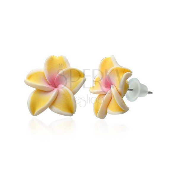 Ohrringe Fimo, gelbe Frangipani-Blume