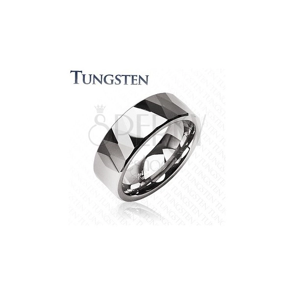 Tungstenring - glänzende Rauten und Dreiecke, silberfarben