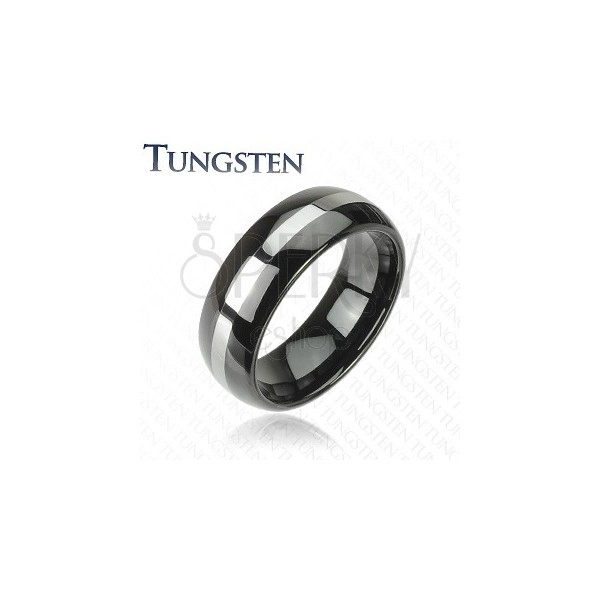 Schwarzer Tungstenring mit silbernem Streifen, 6 mm