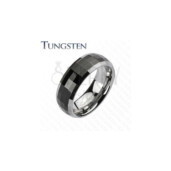 Tungstenring in Disko-Optik - schwarze Mitte, silberne Seiten