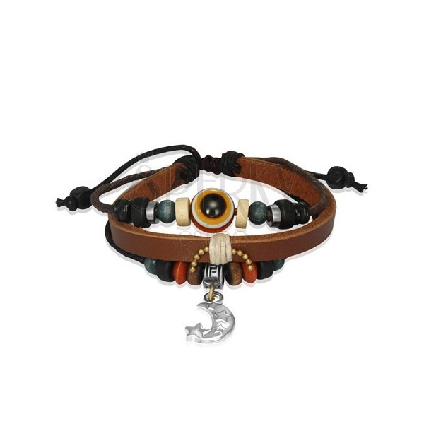 Multi Armband aus Leder mit Bändern, Schmuckperlen und Mond-Anhänger 