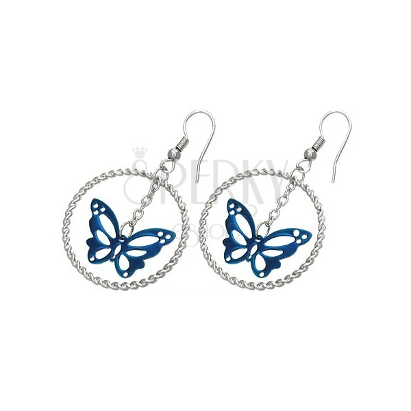 Silberfarbene Edelstahlohrringe, blauer Schmetterling im Kreis, Haken
