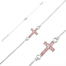 Handkette aus Silber 925 - Kreuz mit rosafarbenen Zirkonen